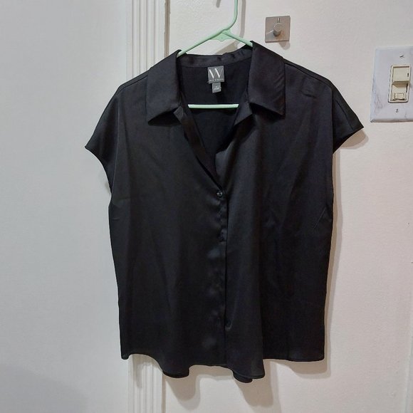 Worthington Womens Satin Black Short Sleeve Regular Fit Button-Down Shirt MEDIUM - Picture 6 of 9